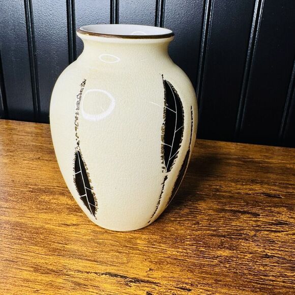 Vintage Antique Italian Vase Italy Textured Off White Black Leaves MCM - Picture 3 of 8